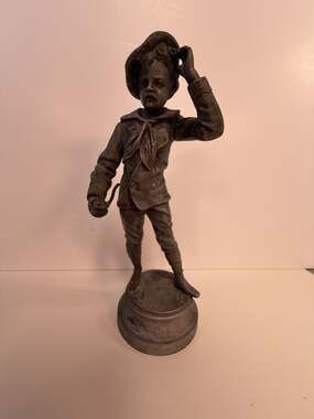 Antique French Spelter Statue Boy with Pipe Signed Rousseau Circa 1900 Figurine